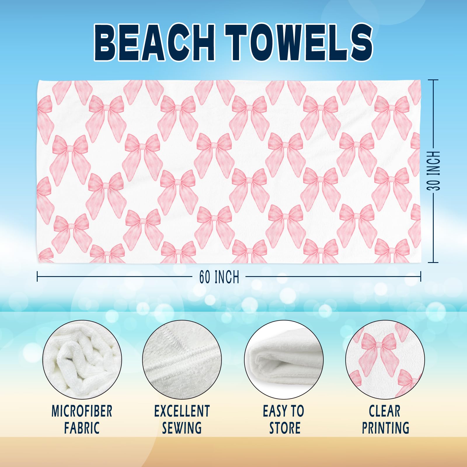 Coquette Girly Pink Bow Beach Towel - Microfiber Absorb Water Travel Towels 60x30 Inches for Bathroom Kitchen