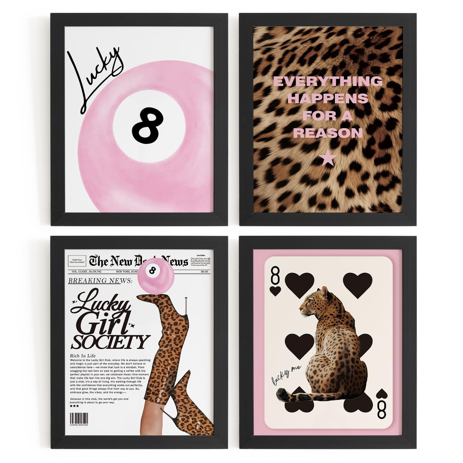 Trendy Leopard Wall Art Prints Set of 4 Funky Lucky 8 Ball Posters Prints Preppy Room Aesthetic Cheetah Wall Decor for Girls Room Dorm Apartment 8x10 Unframed