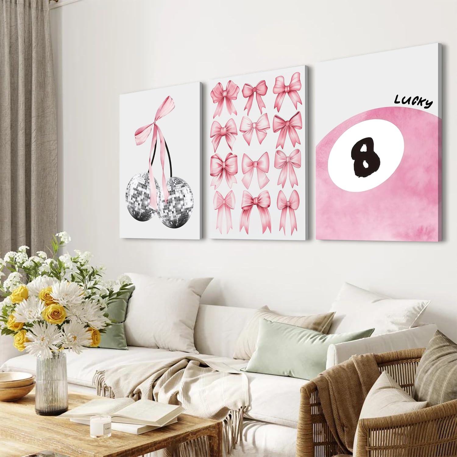 Trendy Blue Wall Art Set of 3, Preppy Navy Blue Wall Decor, Coquette Disco Lucky Me 8 Ball Poster Canvas Prints Aesthetic Pictures Room Dorm