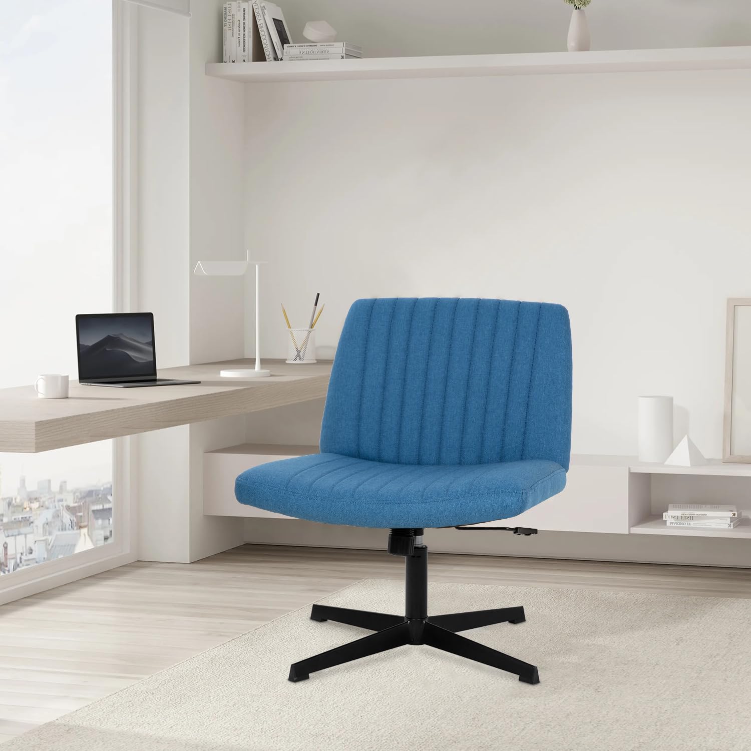 Criss Cross Chair, Armless Cross Legged Wide Comfty Desk Chair with No Wheels Modern Height Adjustable, Swivel Fabric Vanity Chair