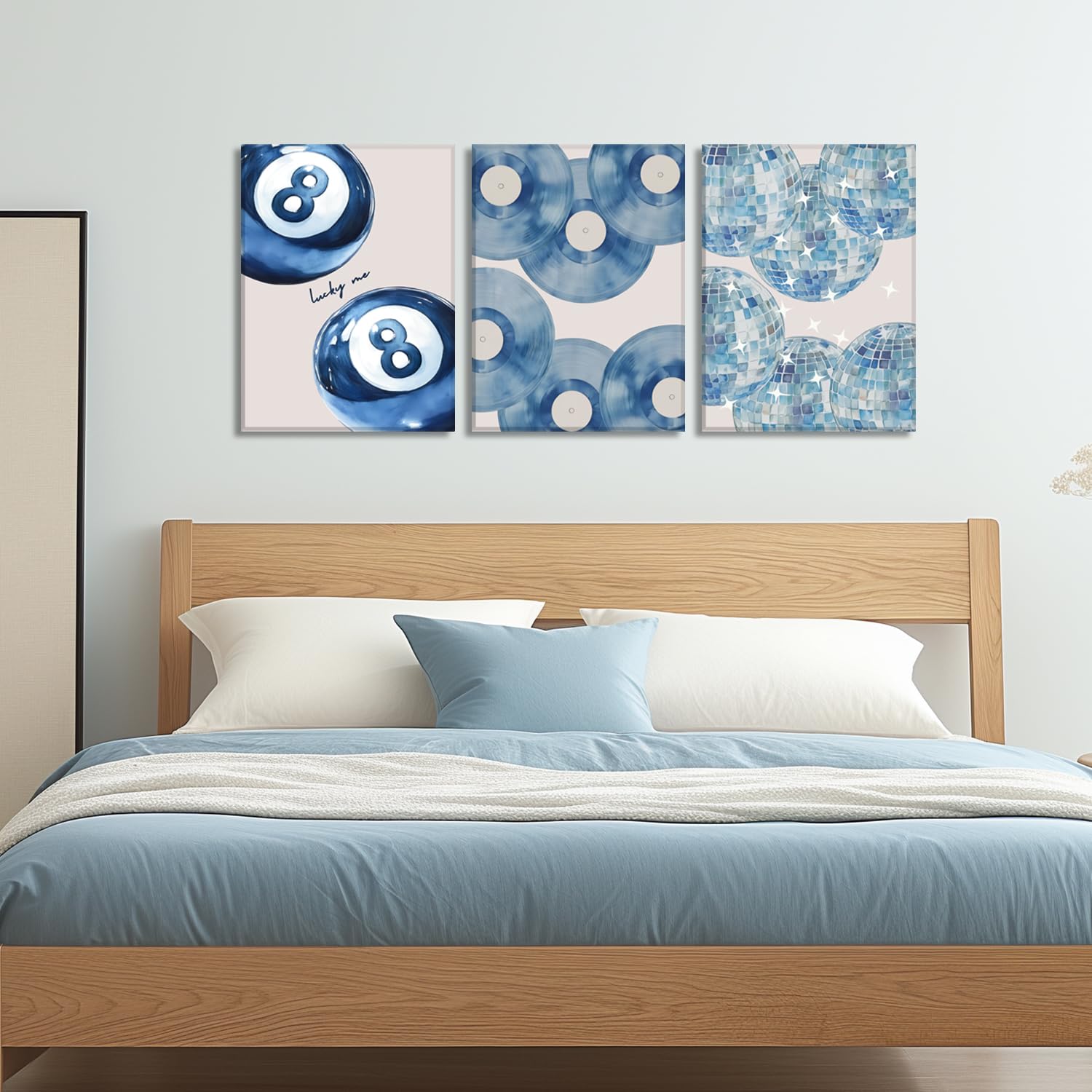 Trendy Blue Wall Art Set of 3, Preppy Navy Blue Wall Decor, Coquette Disco Lucky Me 8 Ball Poster Canvas Prints Aesthetic Pictures Room Dorm