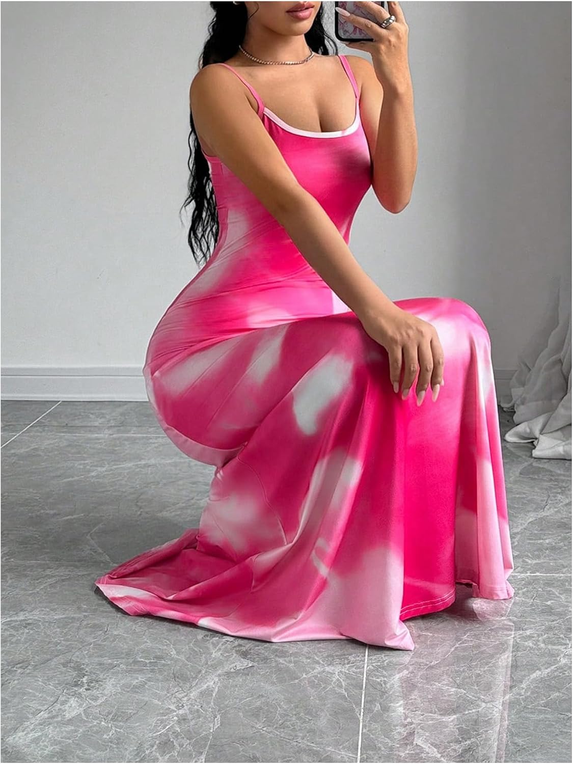 Women's Floral Print Backless Maxi Dress Scoop Neck Sleeveless Spaghetti Strap Dresses