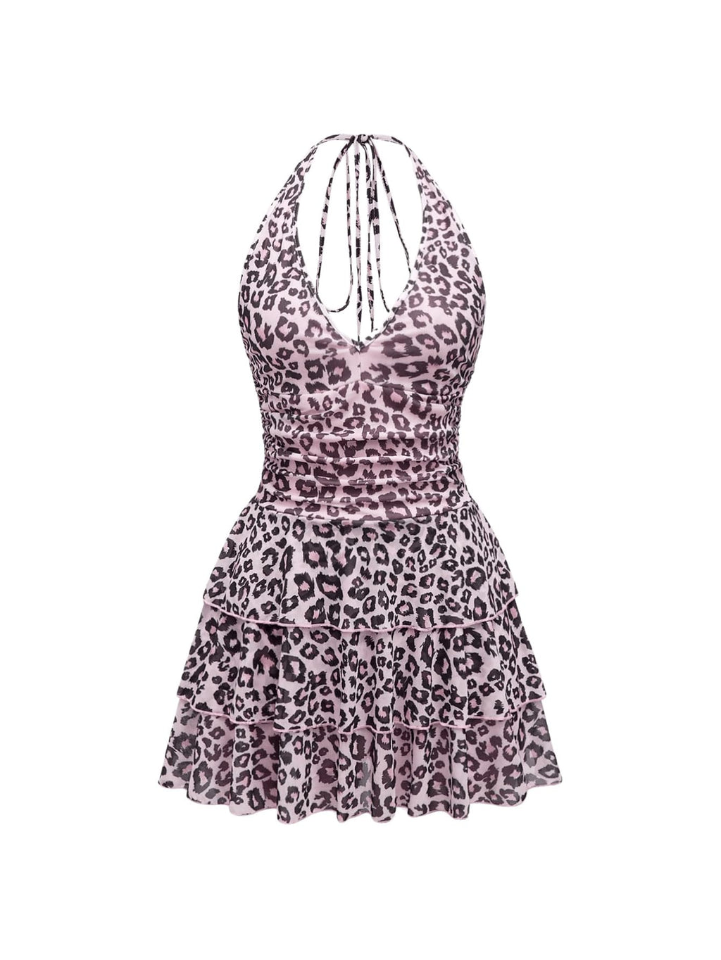 Women's Y2k Leopard Print Halter Dress Mesh Layered Ruffle Hem Animal Cheetah Dresses