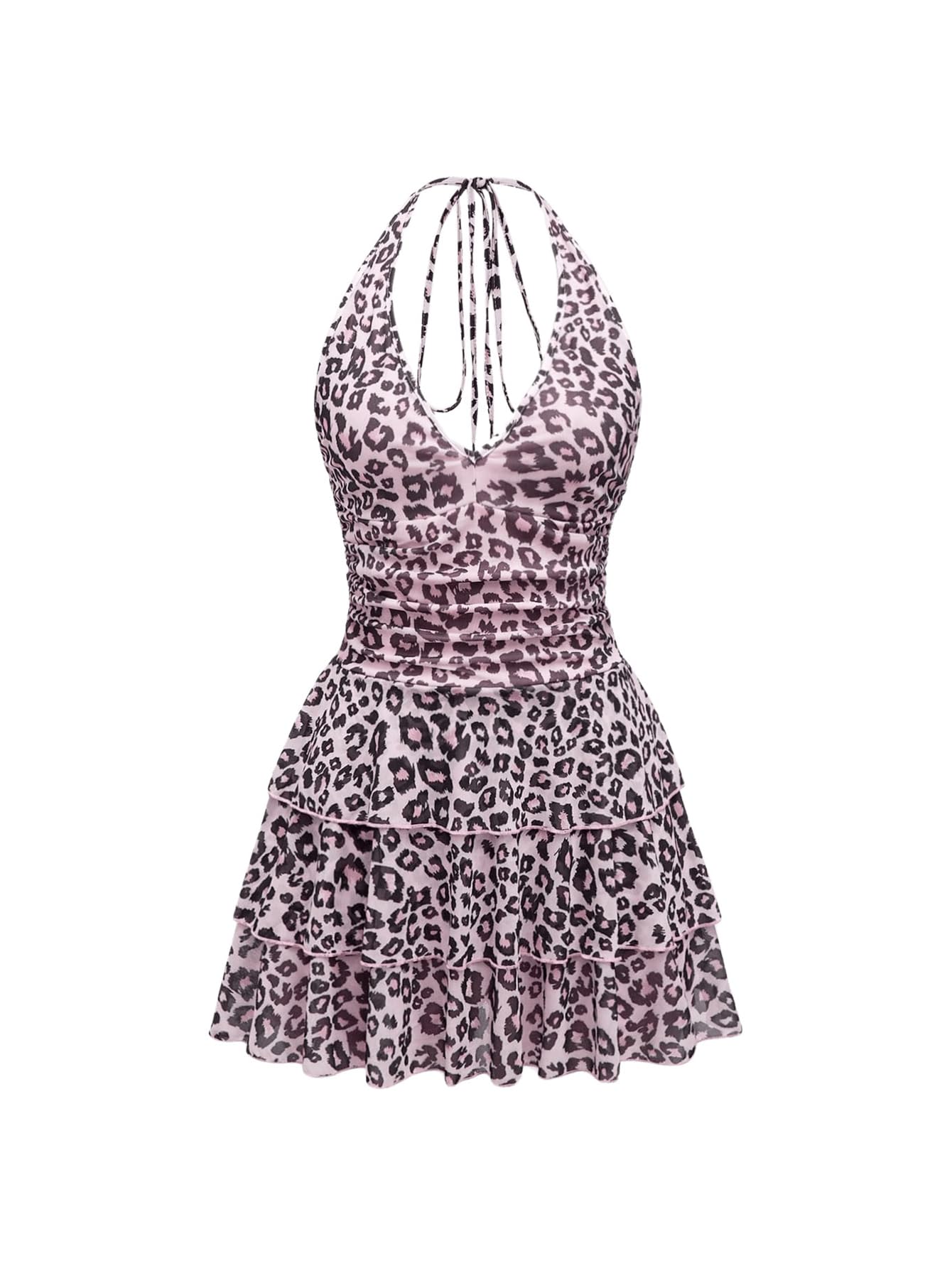 Women's Y2k Leopard Print Halter Dress Mesh Layered Ruffle Hem Animal Cheetah Dresses