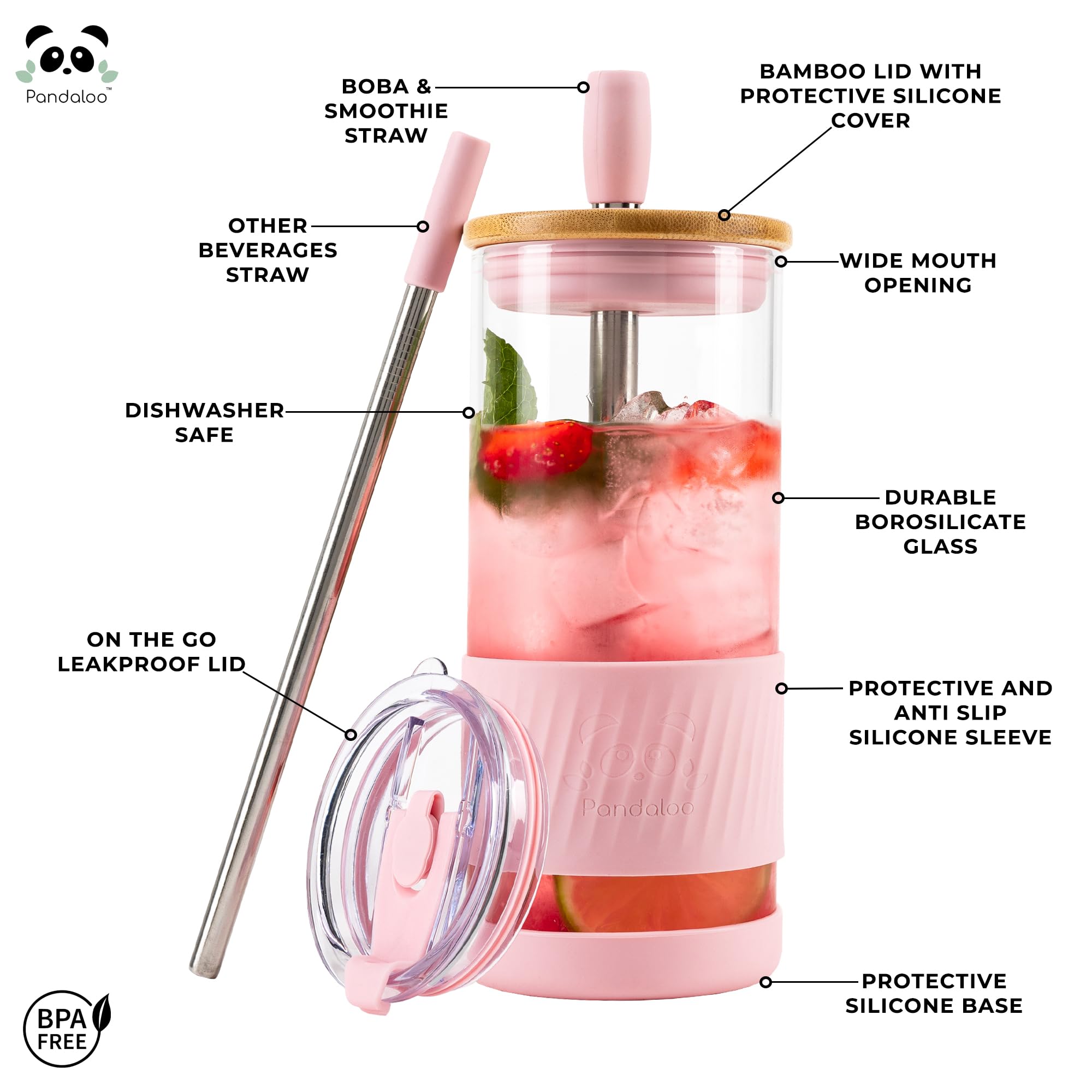 Pandaloo® Glass Cups With Lids and Straws -20 Fl Oz- Perfect Size Iced Coffee Cup - Smoothie Cup With Bamboo Lid and On the go Lid - Glass Tumbler With Straw