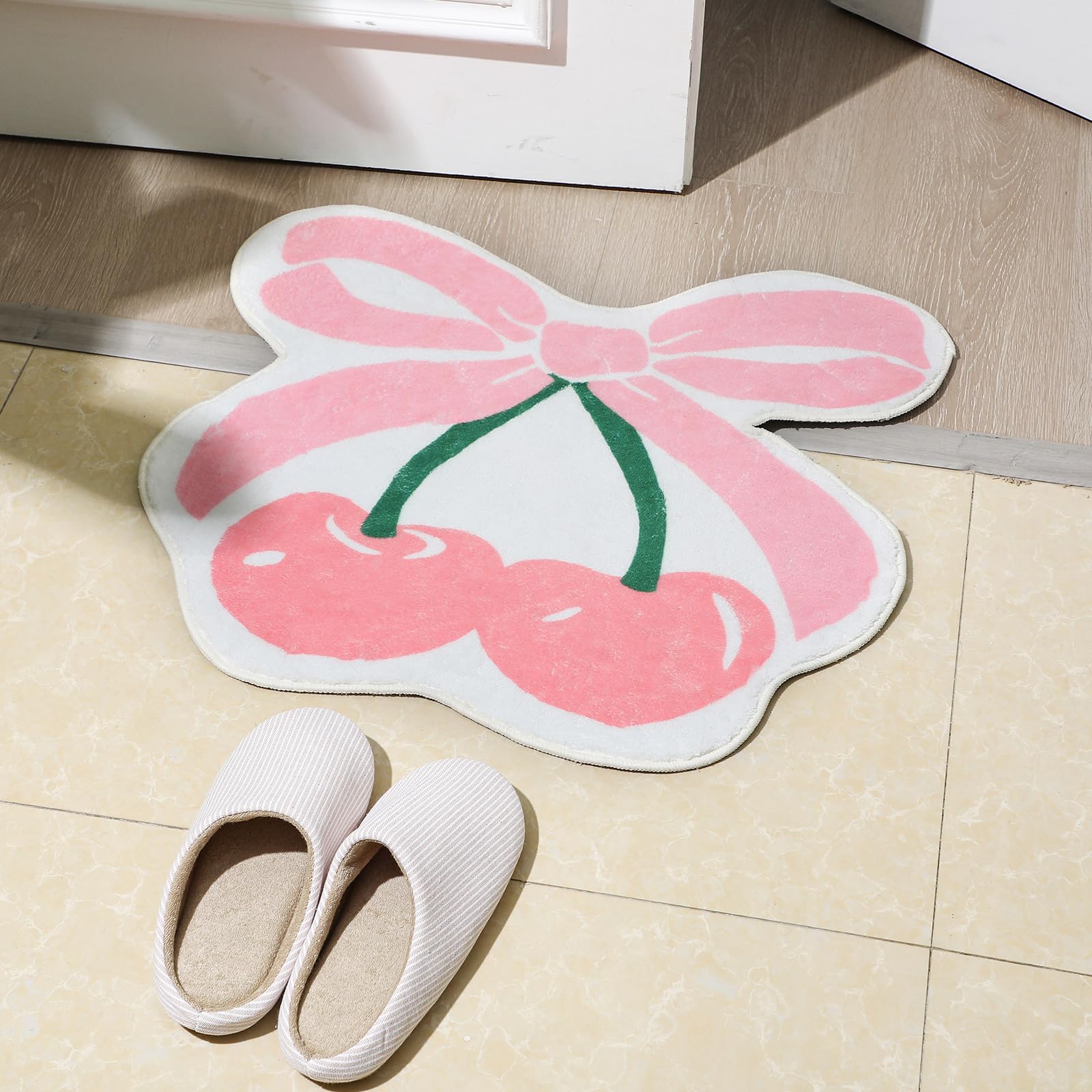 Cherry Bow Bathroom Rugs, Coquette Bow Rugs for Home Decor Cute Soft Tufted Mats Non Slip Absorbent Floor Carpet for Bathroom Bedroom Porch Kitchen, 25 x 23 Inches(Pink)