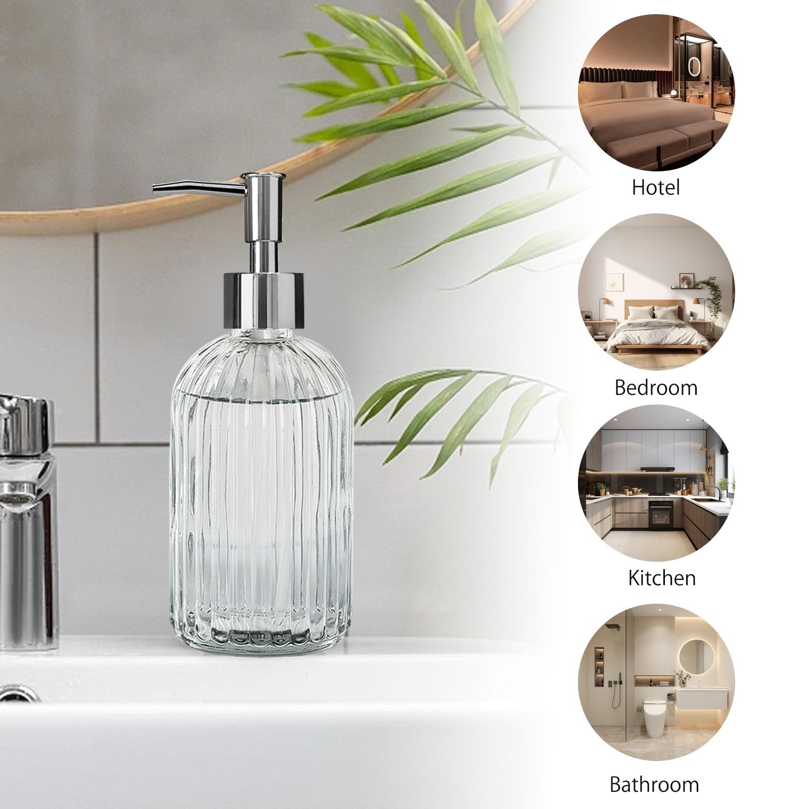 Pink Clear Glass Soap Dispenser 13 Oz/400ml, Striped Transparent Liquid Hand Soap Dispenser for Kitchen & Bathroom