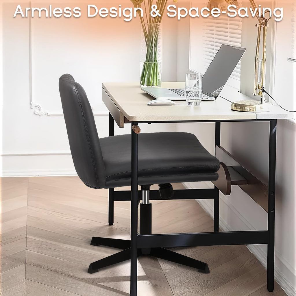 Criss Cross Chair, Armless Cross Legged Office Desk Chair No Wheels, Fabric Padded Modern Swivel Height Adjustable Mid Back Wide Seat