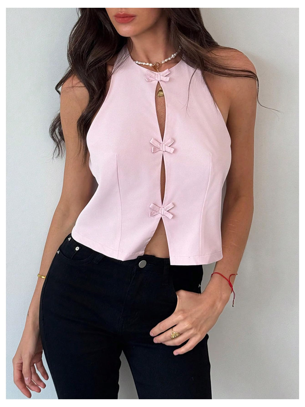Women's Bow Knot Backless Halter Top Y2k Cut Out Split Hem Sleeveless Tops