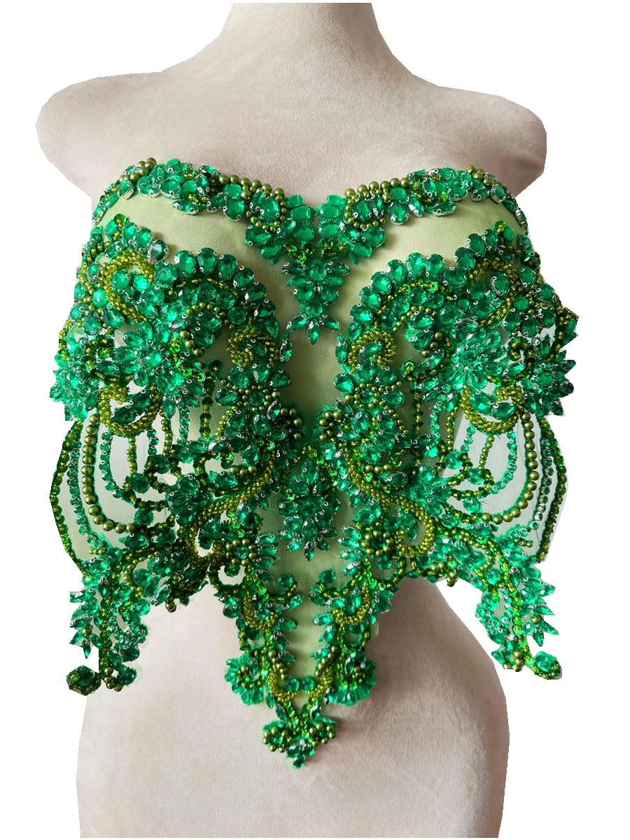 Handmade red/Blue/Gold/Green Rhinestones lace Bodice Applique Sewing Beads Crystal Trim Patches Accessory for Dress Clothes (Rose red)