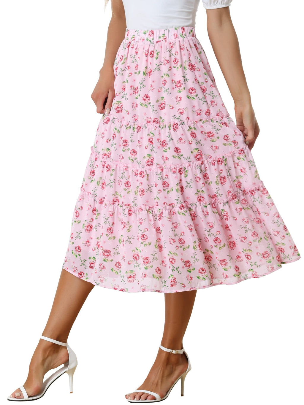 Women's Floral Skirt Chiffon A-line Long Tiered Ruffle Boho