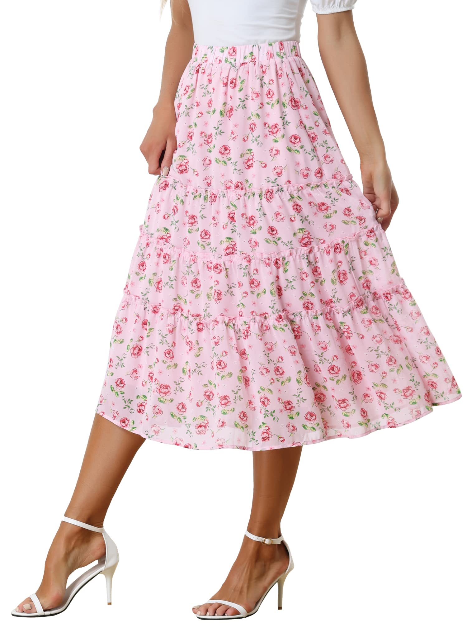 Women's Floral Skirt Chiffon A-line Long Tiered Ruffle Boho