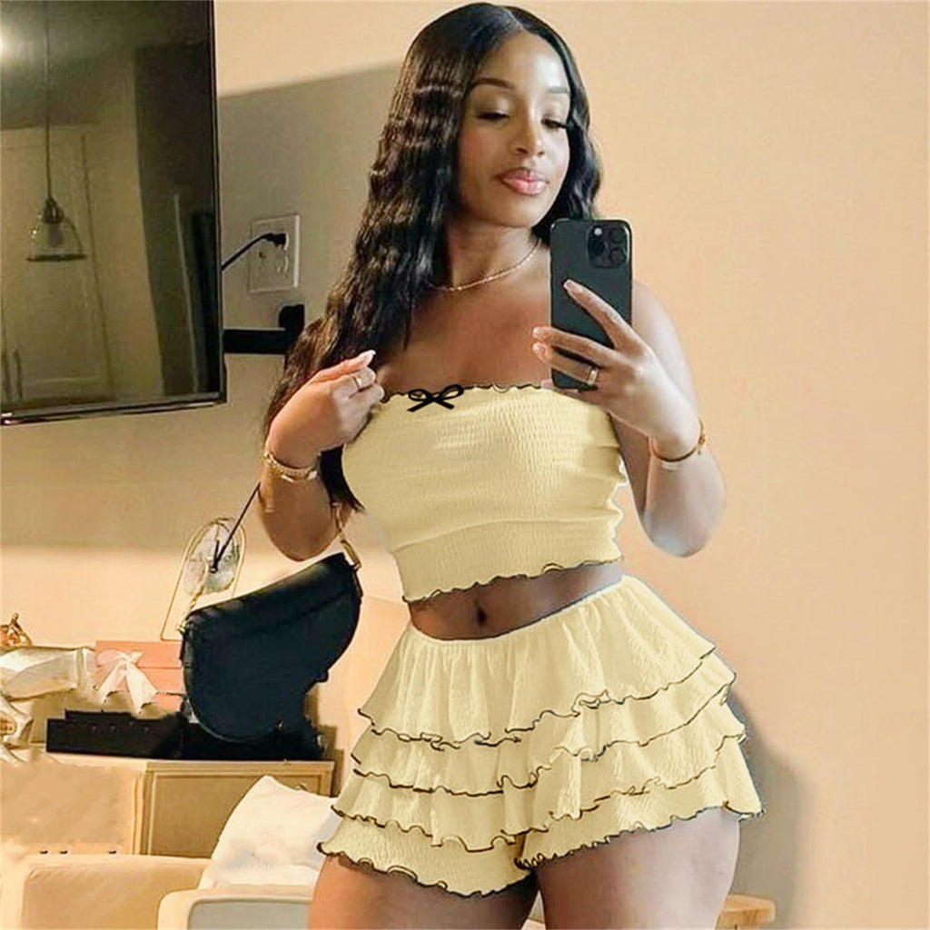 Women 2 Piece Skirt Sets Sexy Ruffle Ruched Tube Crop Tops Layer Pleated Flowy Mini Skort Skirts Y2K Clothes
