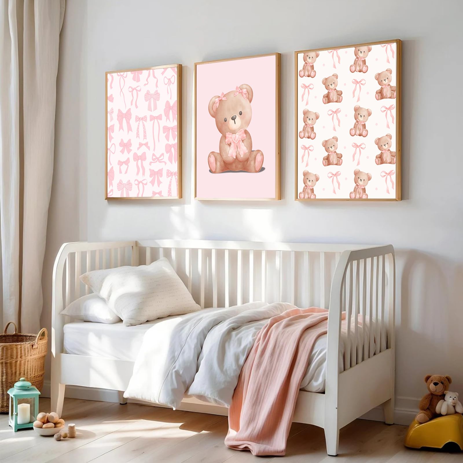 Pink Teddy Bear Wall Art Coquette Bow Wall Decor Pictures Cute Animal Nursery Canvas Posters Prints 3Pcs