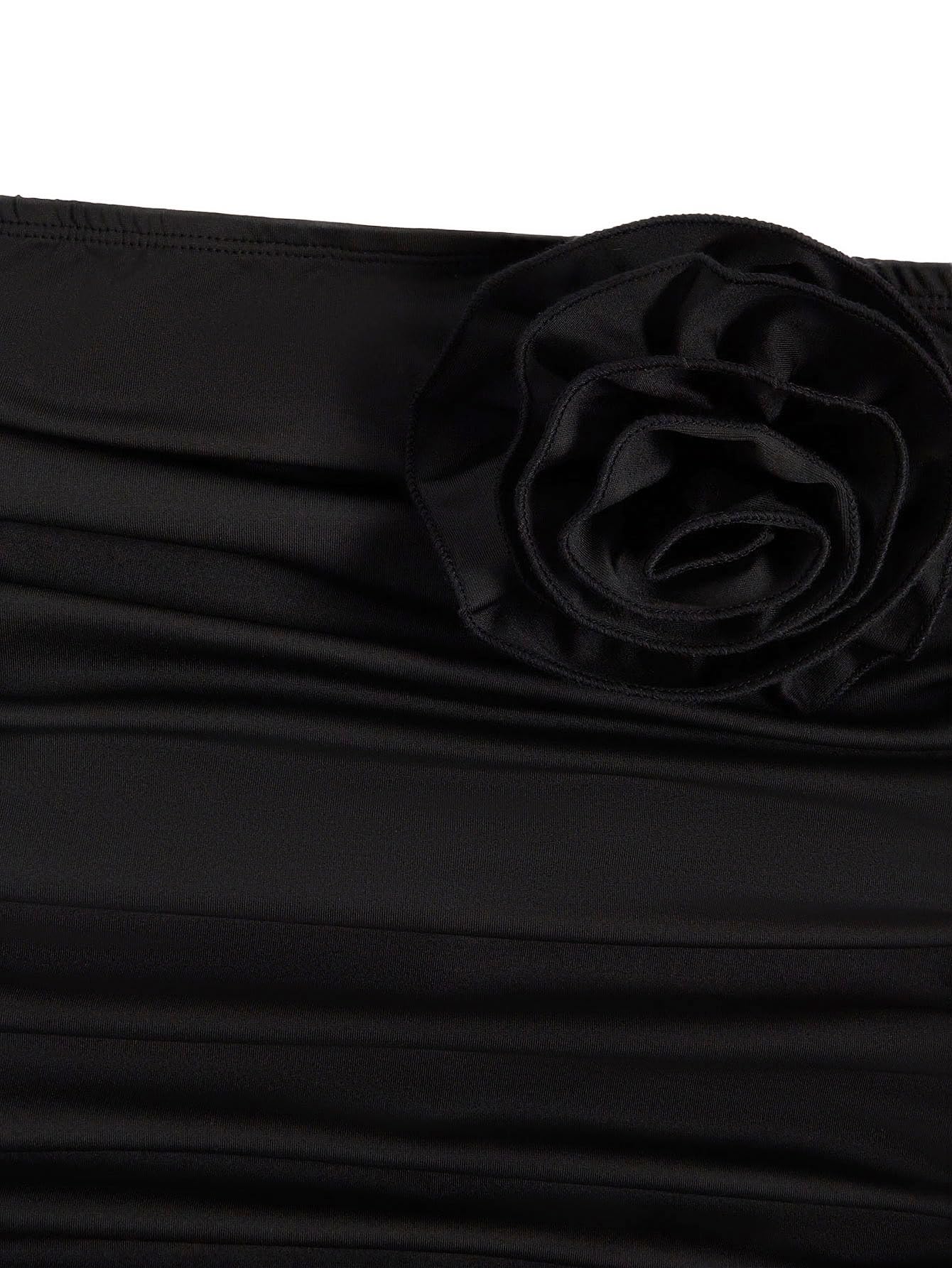 Women's 3D Flower Strapless Bodycon Dress Ruched Slit Hem Wedding Guest Maxi Tube Dresses