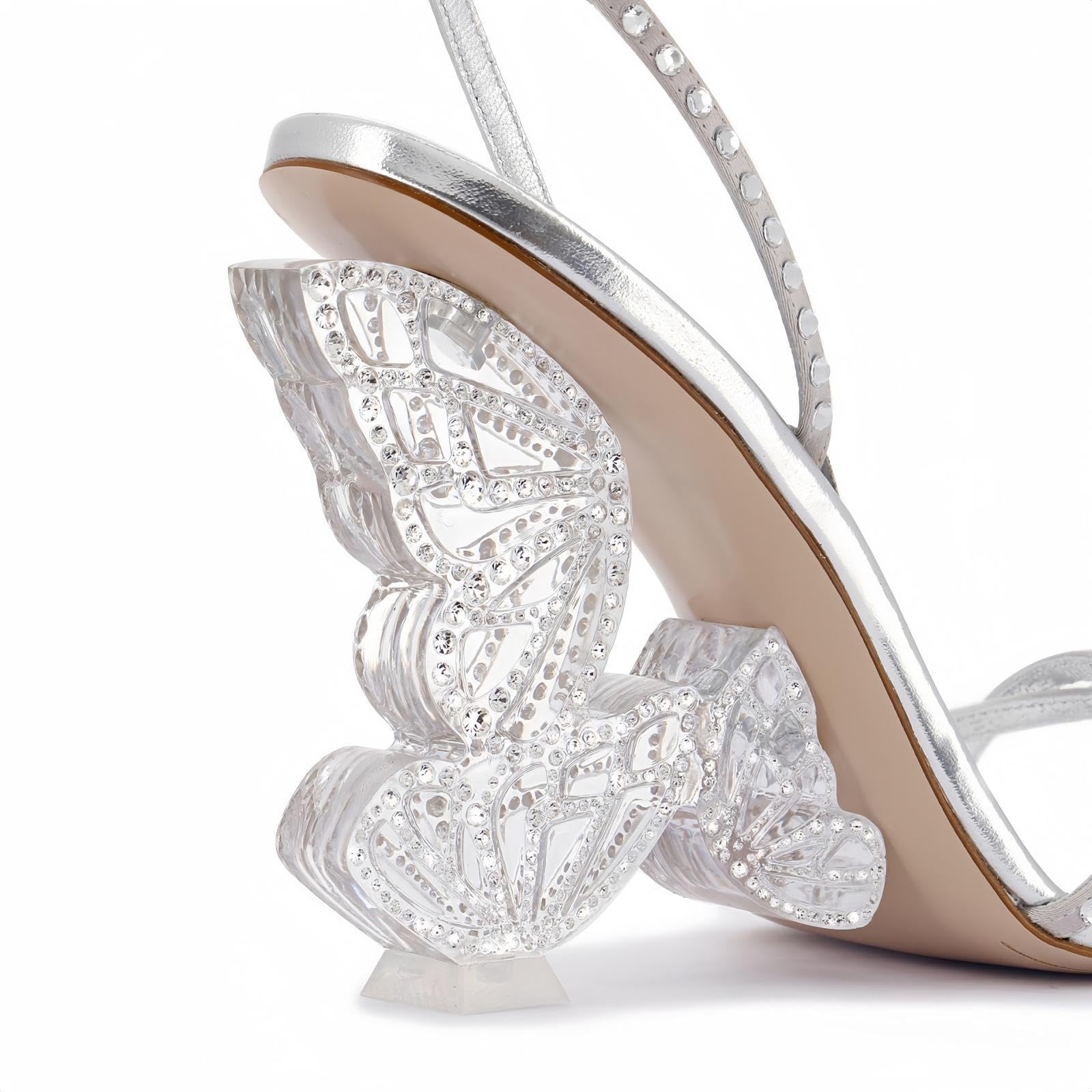 Rhinestone Butterfly Stilletos Heels Sandals for Women, Open Pointed High Heels Sandals Ankle Strap Buckles