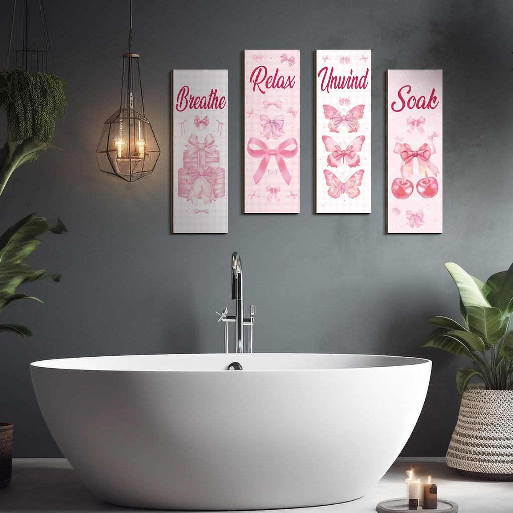 Coquette Pink Bow Bathroom Wall Decor Pink Pictures Wall Art 4 Pcs 11.8 x 3.9 Inch