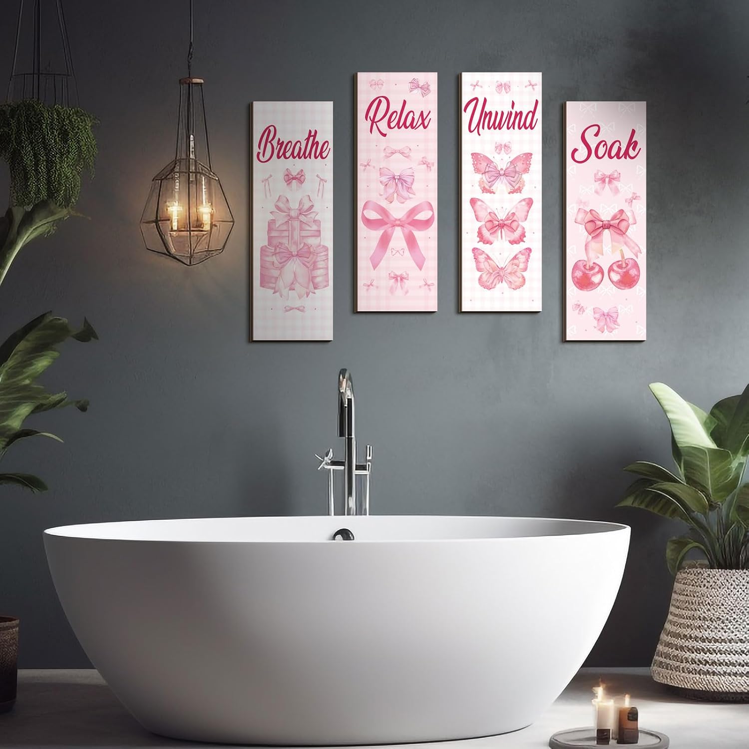 Coquette Pink Bow Bathroom Wall Decor Pink Pictures Wall Art 4 Pcs 11.8 x 3.9 Inch