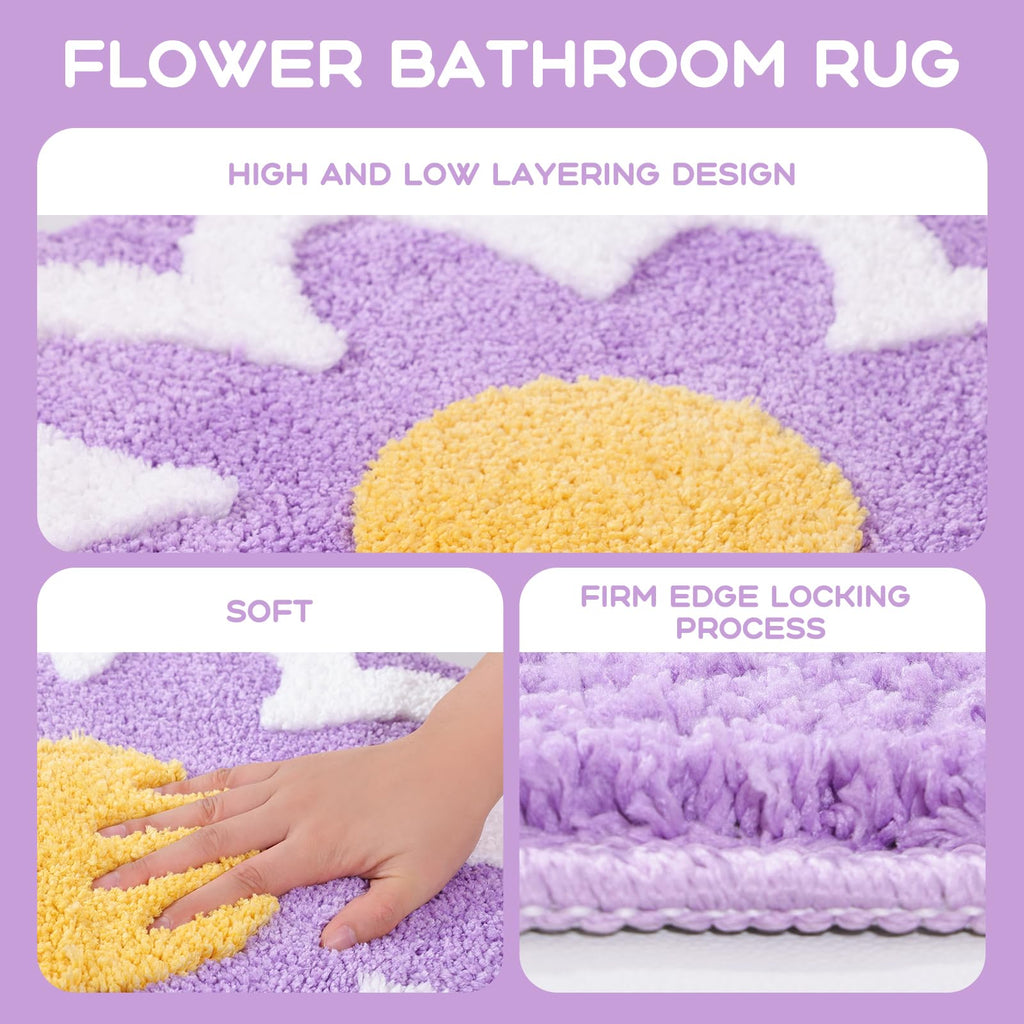 Cute Flower Bath Mat, Machine Washable Bath Rug, Ultra Soft and Fluffy Bathroom Mat, Small Round Non-Slip Water Absorbent Bath Mats for Bathroom Floor, Shower Room and Bathtub