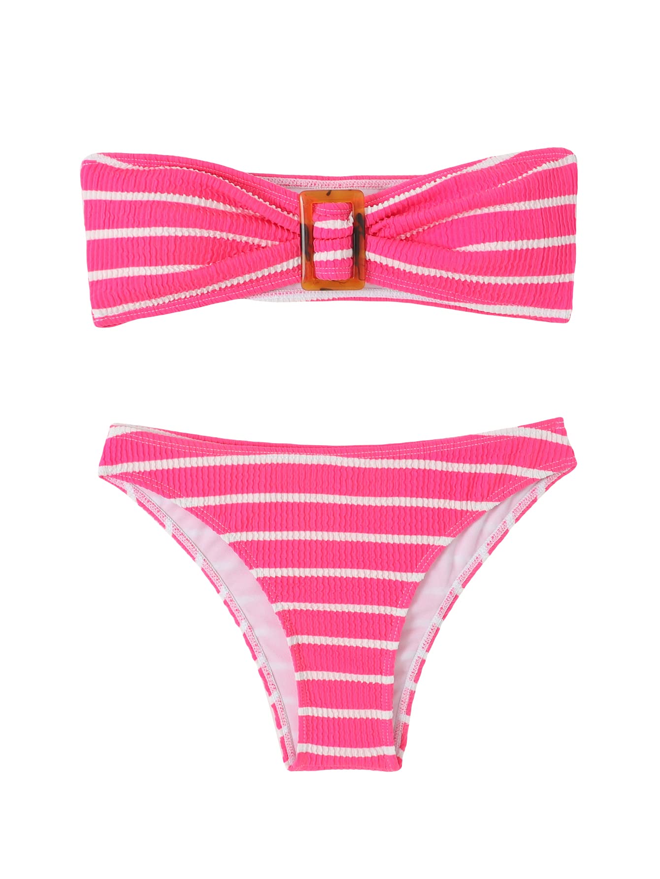 Women's 2 Piece Strapless Swimsuit Striped Bandeau High Waisted Thong Bikini Set Bathing Suit