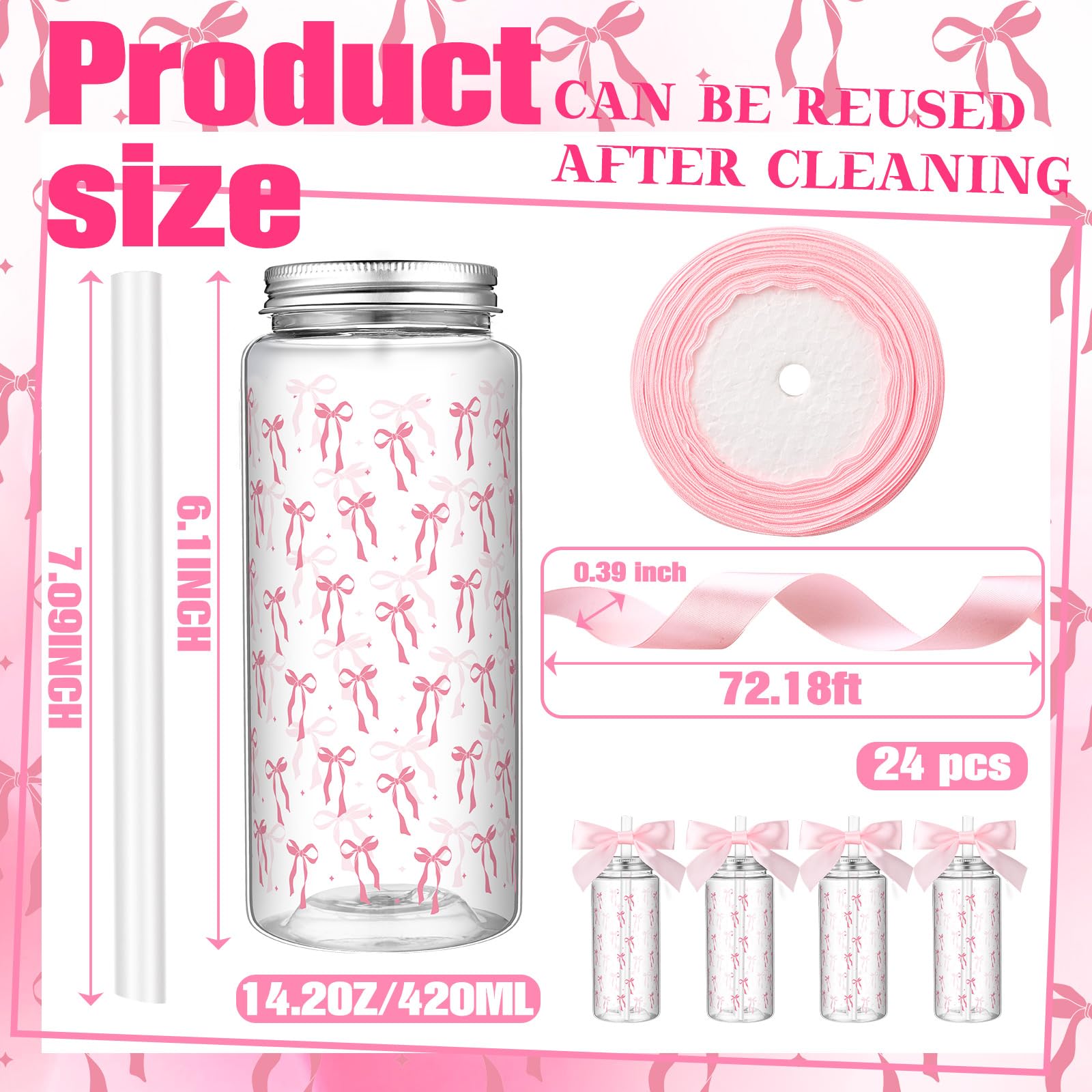 Color Bow Plastic Cups Coquette Bow Aesthetic Cup with Lids and Straws 14 oz Reusable Cute Bow Plastic Tumbler with Ribbon Bow