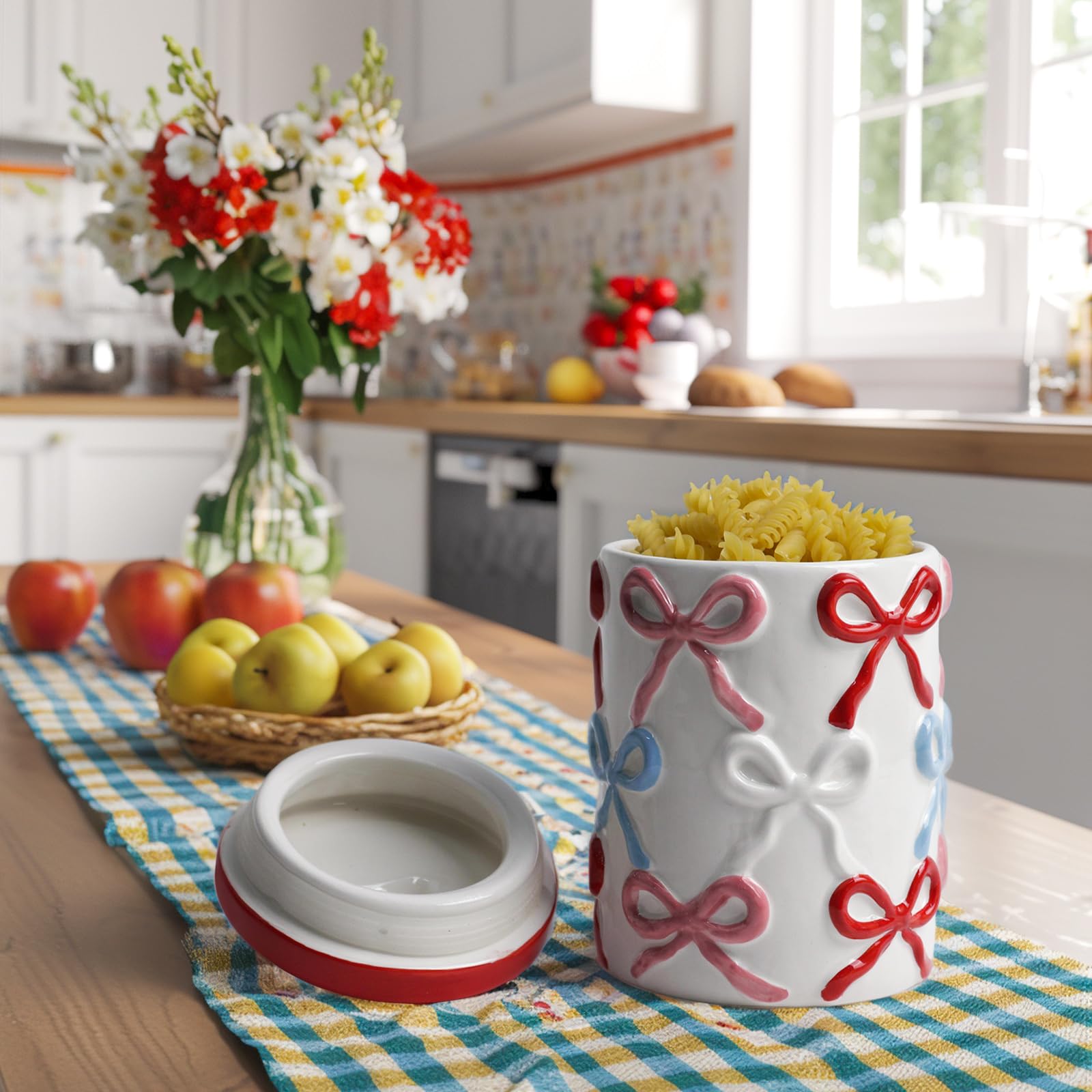 Cookie Bow Jars with Lid Airtight, 7.5 Inch Large Ceramic Food Storage Containers (42oz)