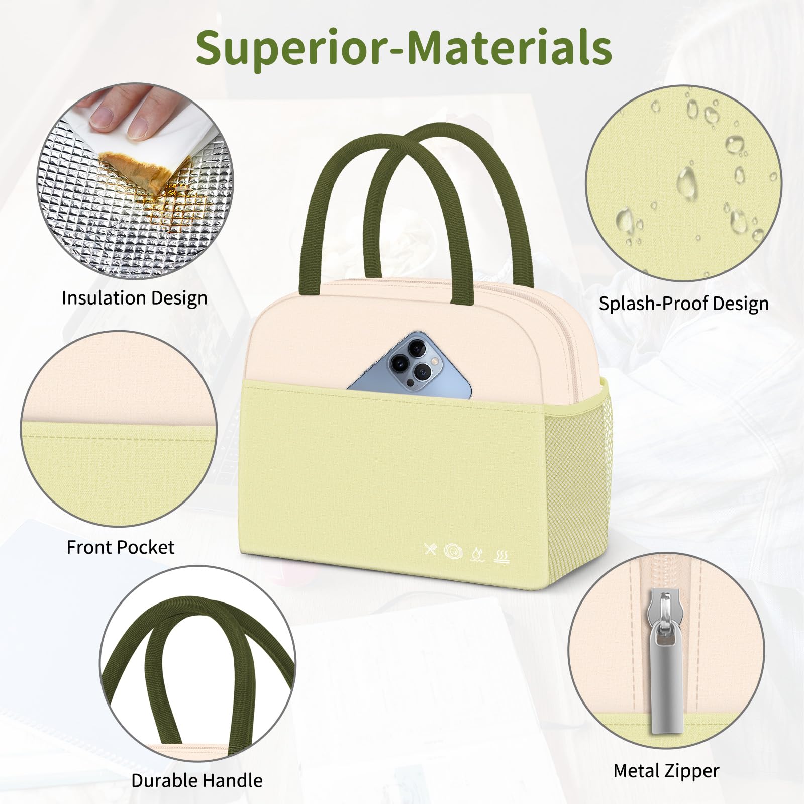 Reusable Insulated Lunch Tote Bag,Leakproof Food Handbags Case High Capacity