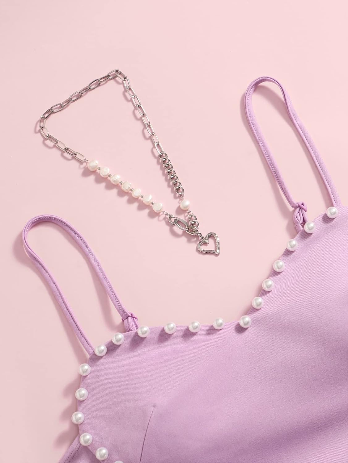 Women's Pearls Sleeveless Asymmetrical Hem Heart Crop Cami Top Sexy Camisole