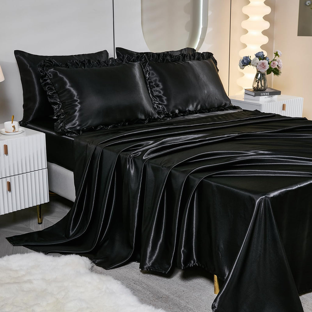 Ruffle Comforter Set 8 Pieces Satin Comforter Set with Sheet Set - Waterfall Ruffle Design Luxurious Silky Comforter Set