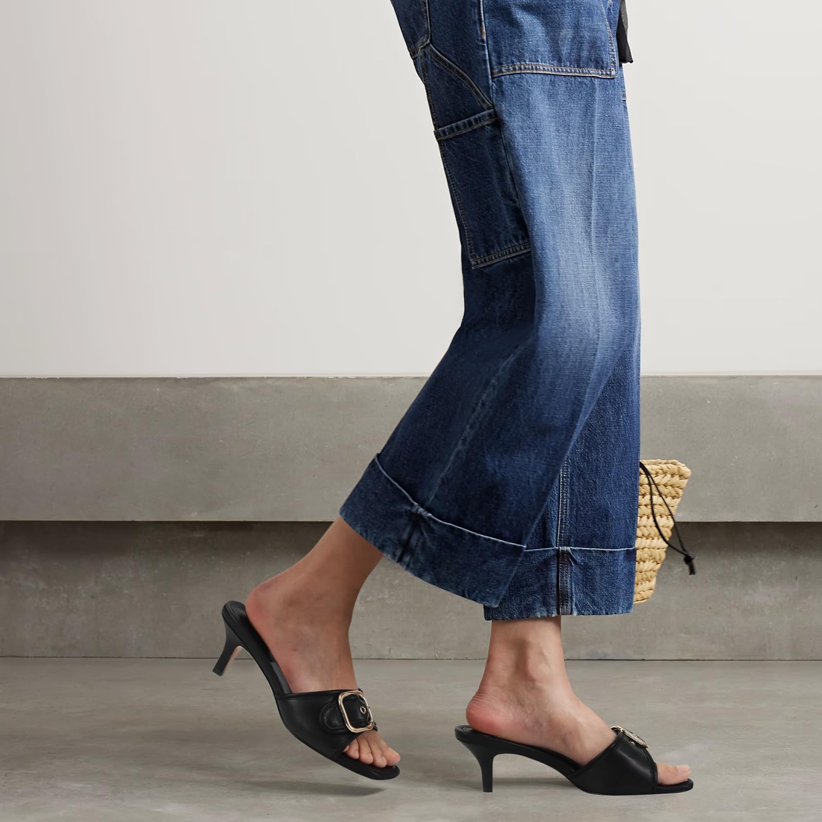 Ladies Kitten Heel Sandals Stiletto Low Heels Slip On Slides Mule Sandal Square Open Toe Dress Shoes