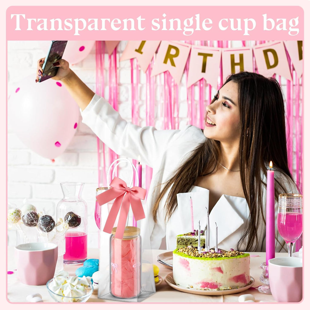 Coquette Bow Aesthetic Glass Cup with Clear Gift Bag Lids and Straws 16 oz Pink Bow Glass Cups Cute Tumbler