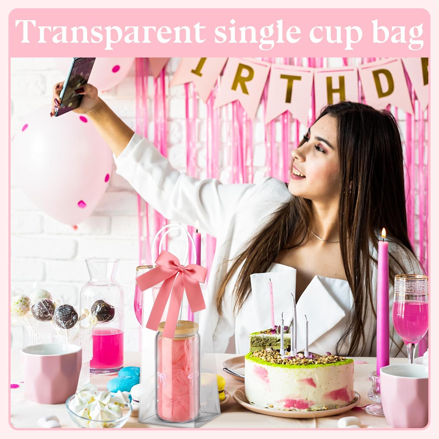 Coquette Bow Aesthetic Glass Cup with Clear Gift Bag Lids and Straws 16 oz Pink Bow Glass Cups Cute Tumbler