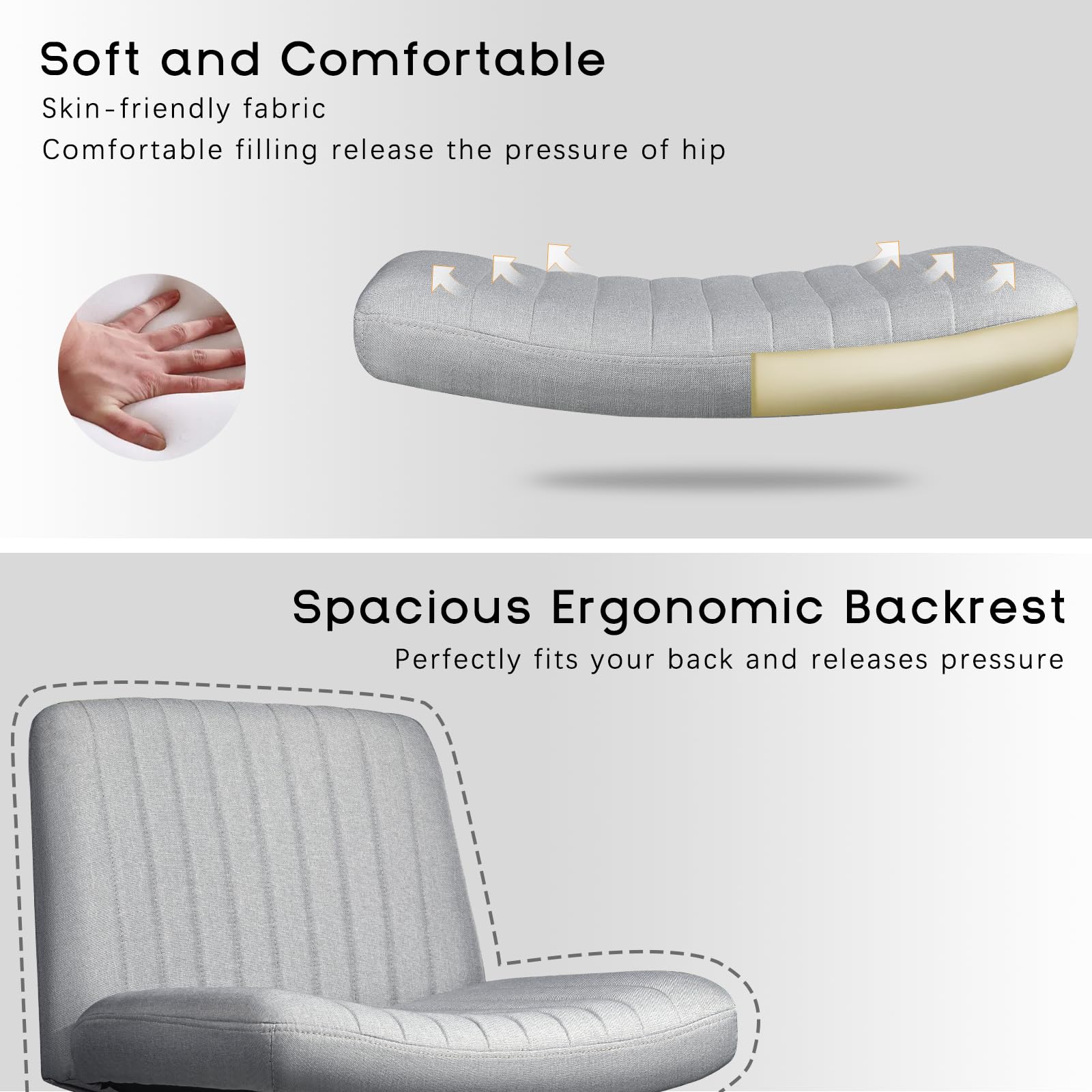 Criss Cross Chair, Armless Cross Legged Office Desk Chair No Wheels, Fabric Padded Modern Swivel Height Adjustable Mid Back Wide Seat