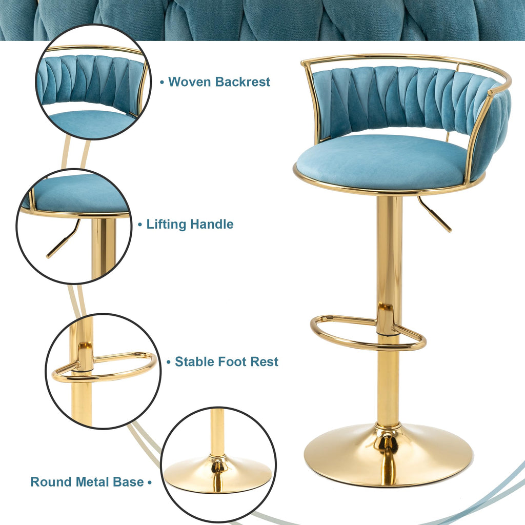 Velvet Swivel Bar Stools, Adjustable Counter Height Bar Chairs with Low Back & Footrest, Modern Gold Bar Stools for Kitchen Island, Bar Pub