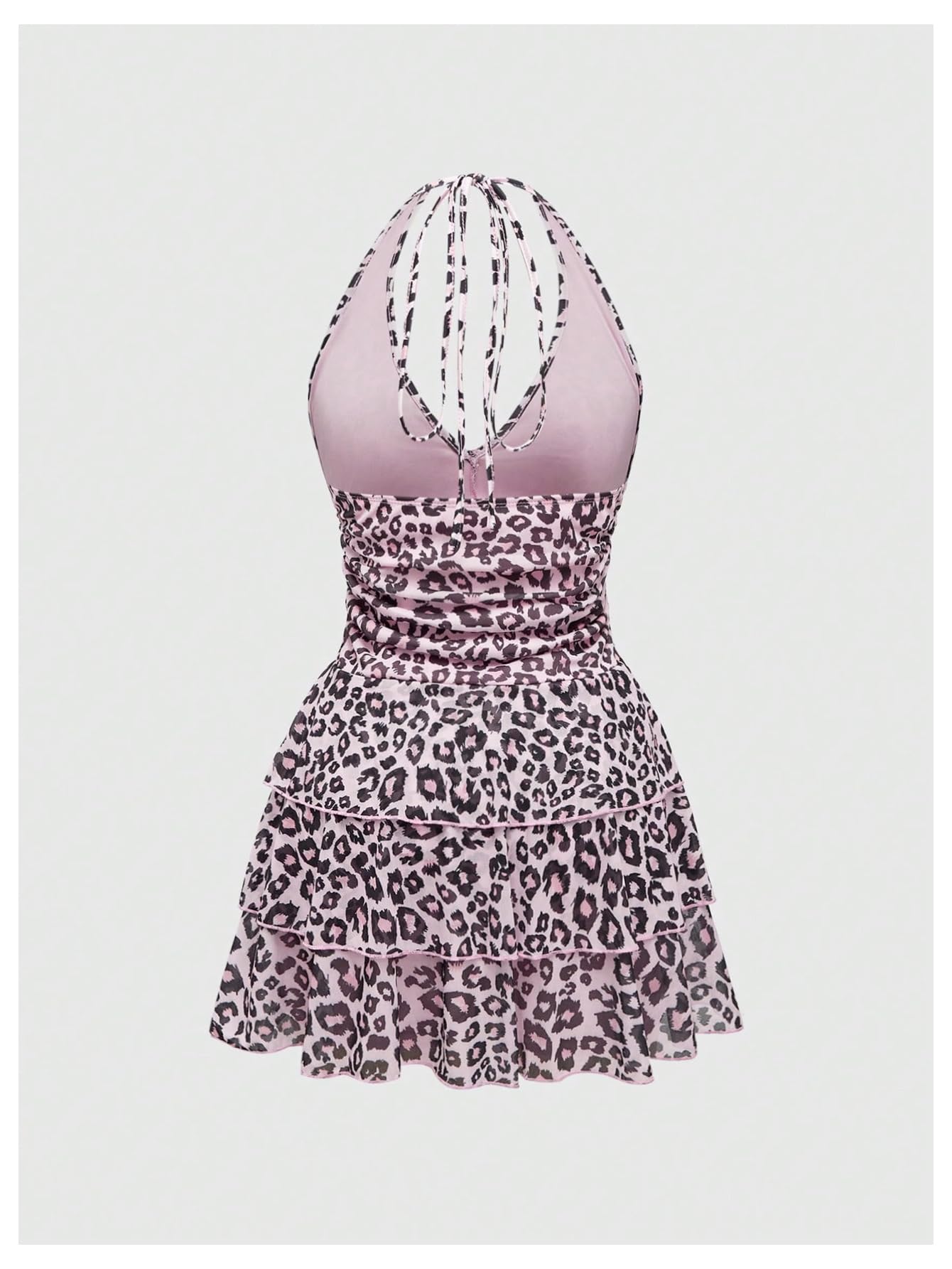 Women's Y2k Leopard Print Halter Dress Mesh Layered Ruffle Hem Animal Cheetah Dresses