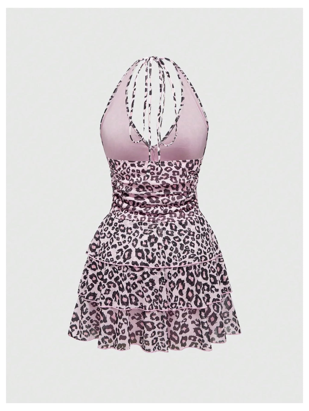 Women's Y2k Leopard Print Halter Dress Mesh Layered Ruffle Hem Animal Cheetah Dresses