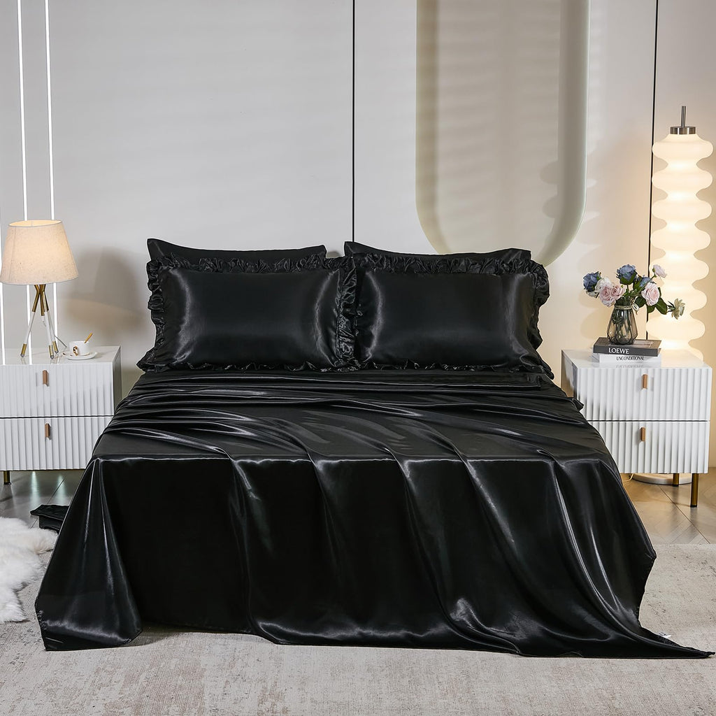 Ruffle Comforter Set 8 Pieces Satin Comforter Set with Sheet Set - Waterfall Ruffle Design Luxurious Silky Comforter Set