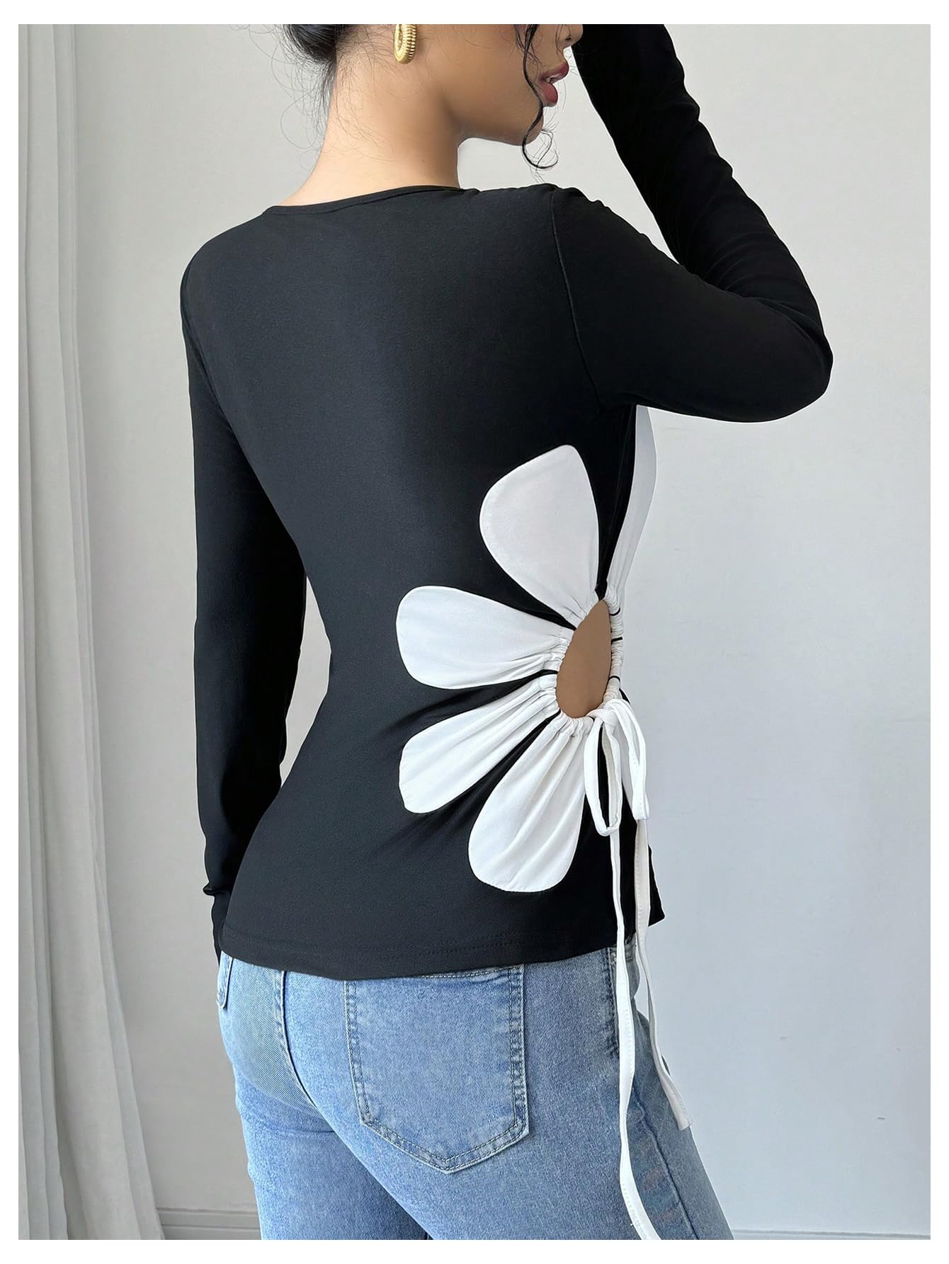 Women's Floral Pattern Hollow Out Tie Side T Shirts Crew Neck Long Sleeve Tee Tops