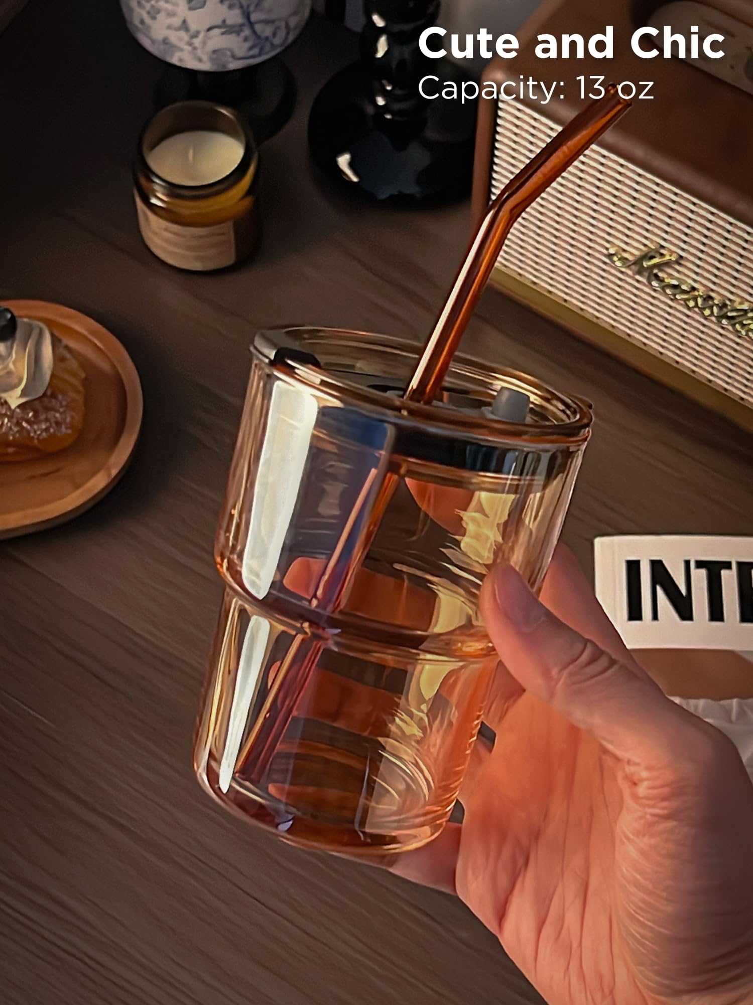 Glass Tumbler with Straw and Lid, Reusable Iced Coffee Cup Tumbler, Cute Glass Cups 13oz