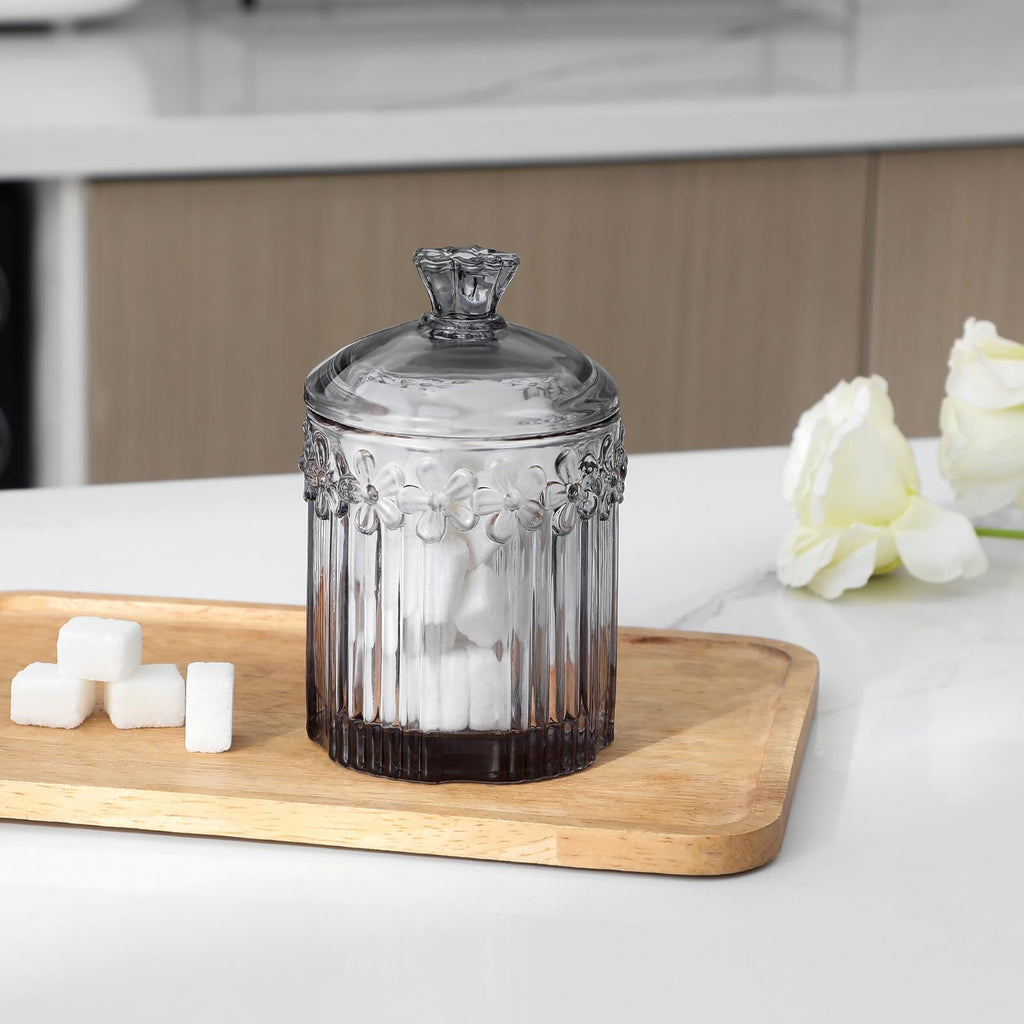 Qtip Holder Glass Apothecary Jars with Lids Set Bathroom Canisters Dispenser Organizers and Storage for Cotton Swabs, Balls, Pads, Floss Picks, Candy 2 Pack