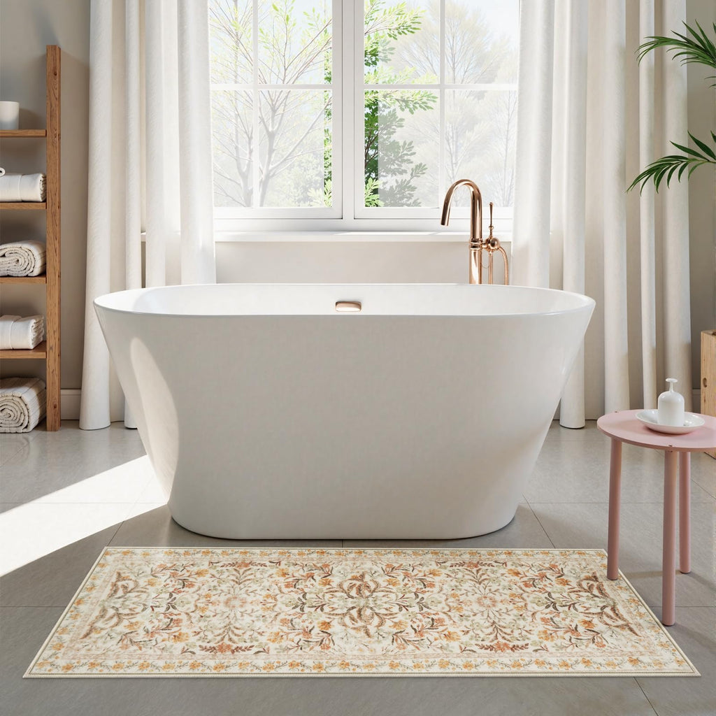 New Boho Floral Bath Rugs, Non Slip Washable Bathroom Rugs Fit Under Door, Ultra Soft and Absorbent Bath Mat
