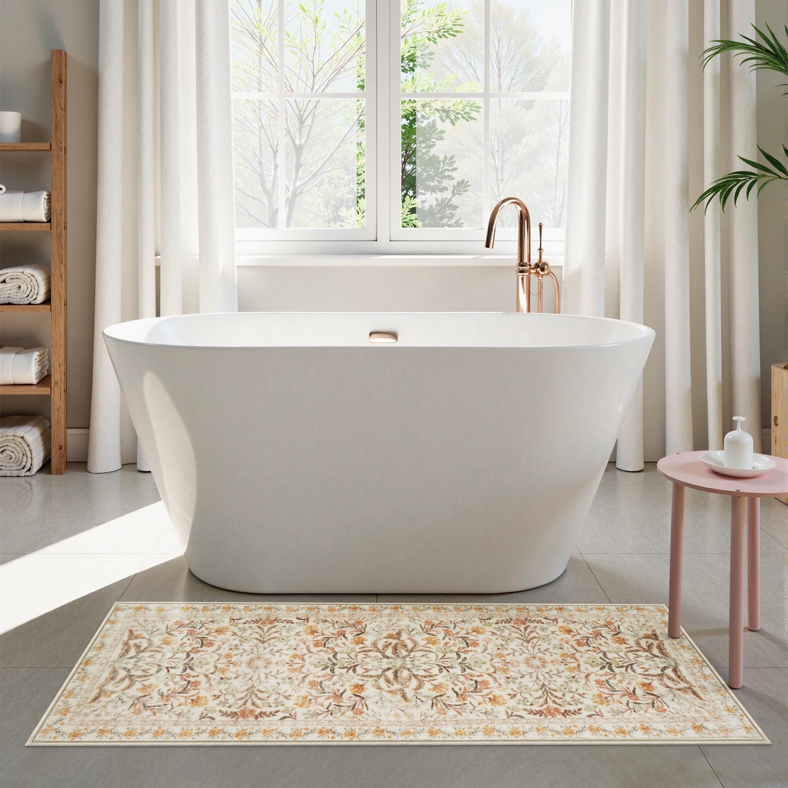 New Boho Floral Bath Rugs, Non Slip Washable Bathroom Rugs Fit Under Door, Ultra Soft and Absorbent Bath Mat