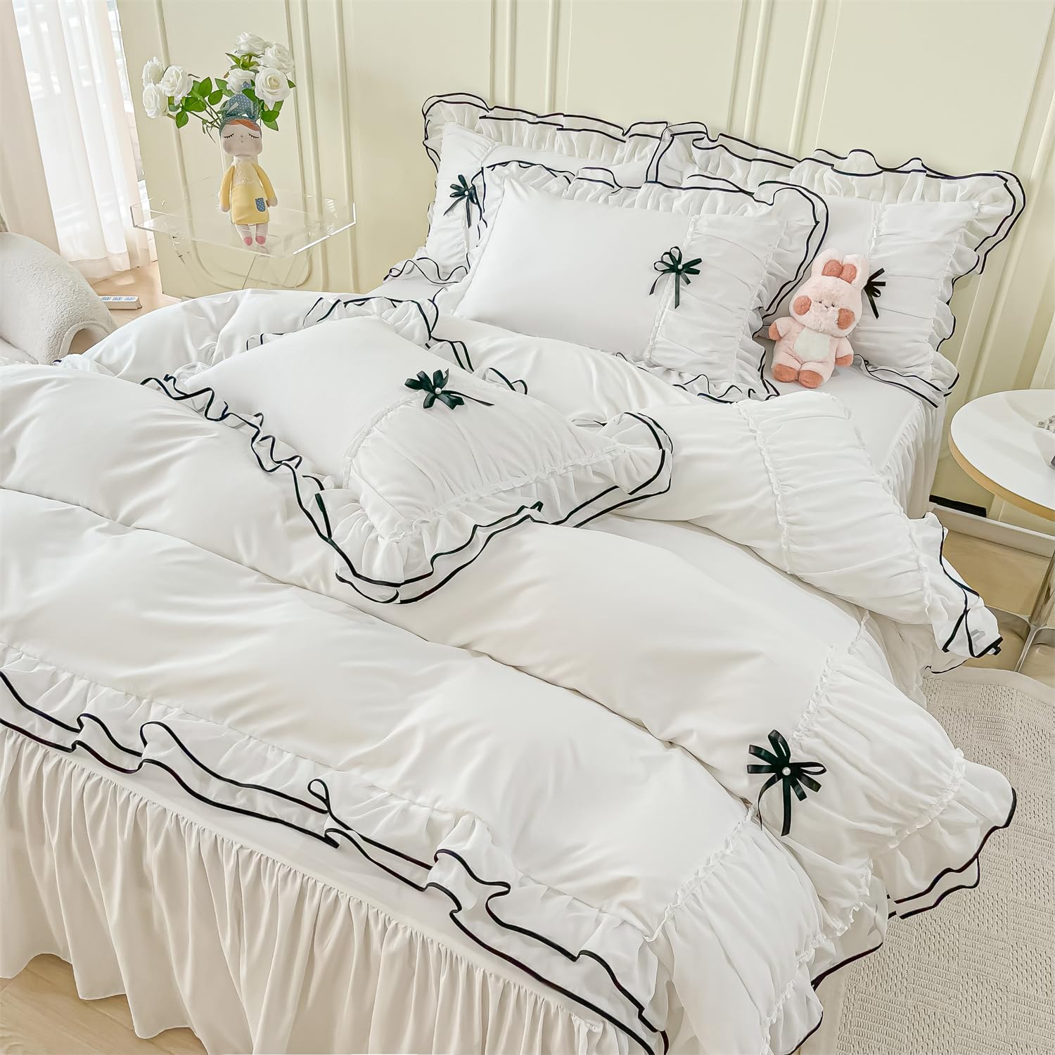 Duvet Cover Ruffle Beddding Set with Bowtie - 3 Pieces Comforter Cover Set with Zipper Closure & Pillowcase - Comforter Not Included
