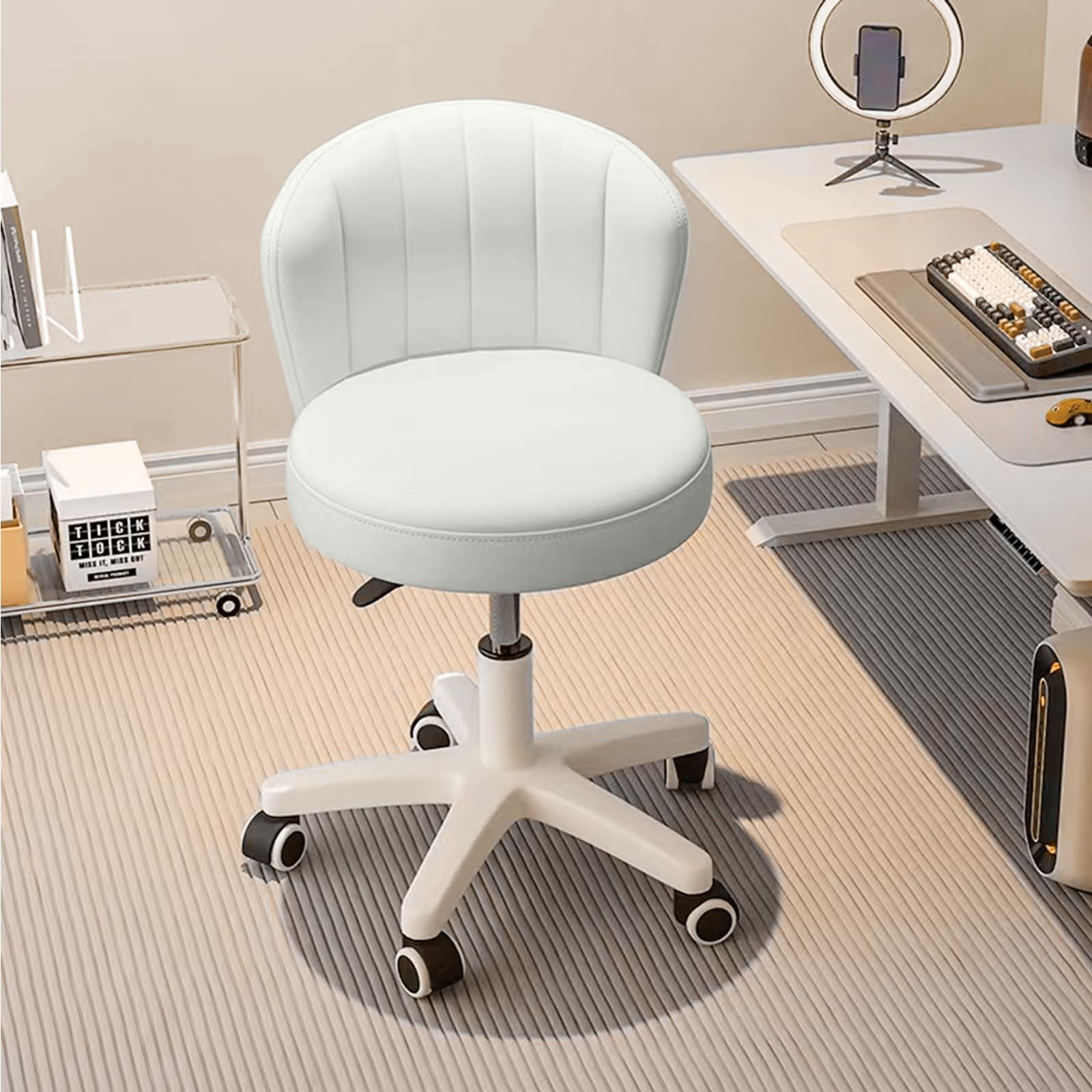 Small Desk Chair Round Rolling Chair with Back PU Leather Height Adjustable Swivel Vanity Work Computer Stool Chair