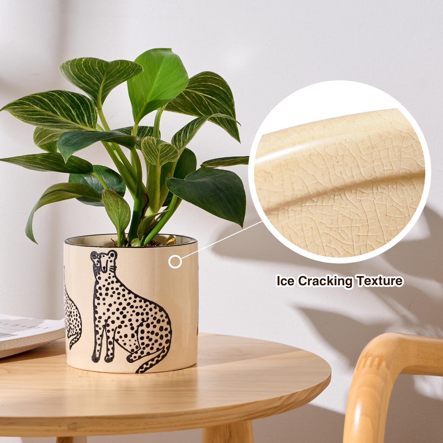 Ceramic Planters for Indoor Plants, Small Plant Pots with Drainage, Unique Decorative Cute Flower Pot Panthers Round Flowerpots 5 Inch