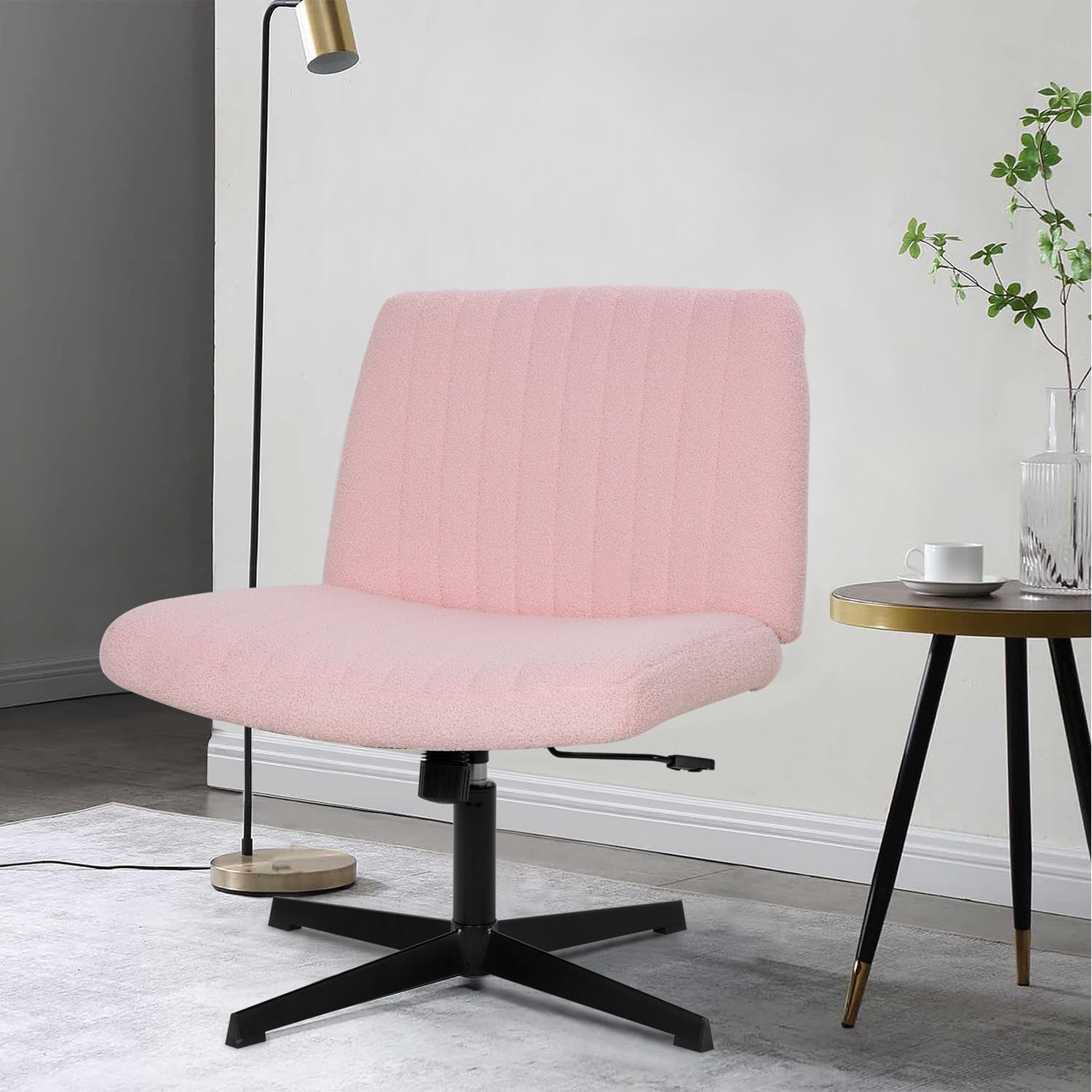 Criss Cross Chair, Armless Cross Legged Wide Comfty Desk Chair with No Wheels Modern Height Adjustable, Swivel Fabric Vanity Chair