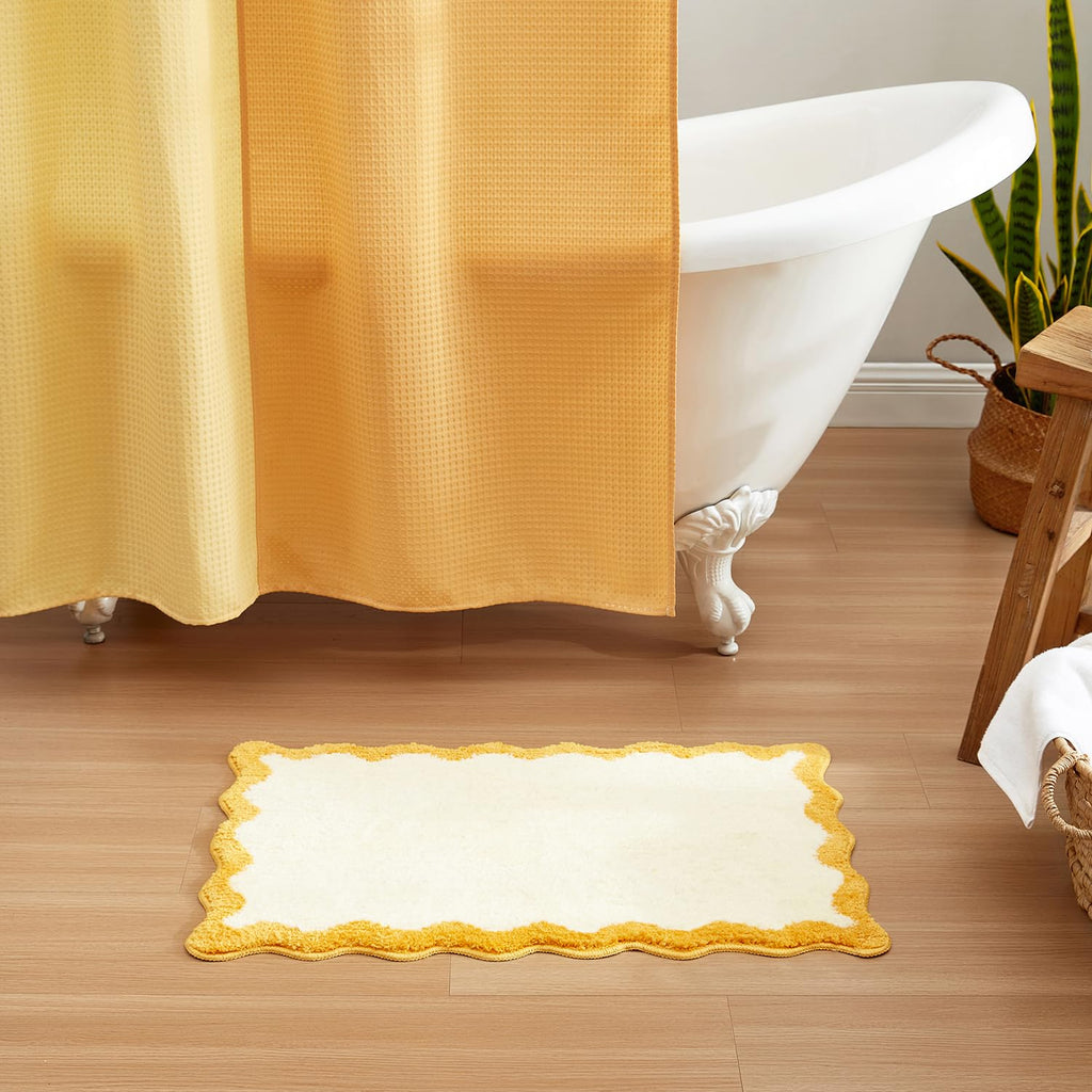 Wavy Bath Mat with Scalloped Ripple Design, Microfiber Absorbent Non Slip Tufted Rug