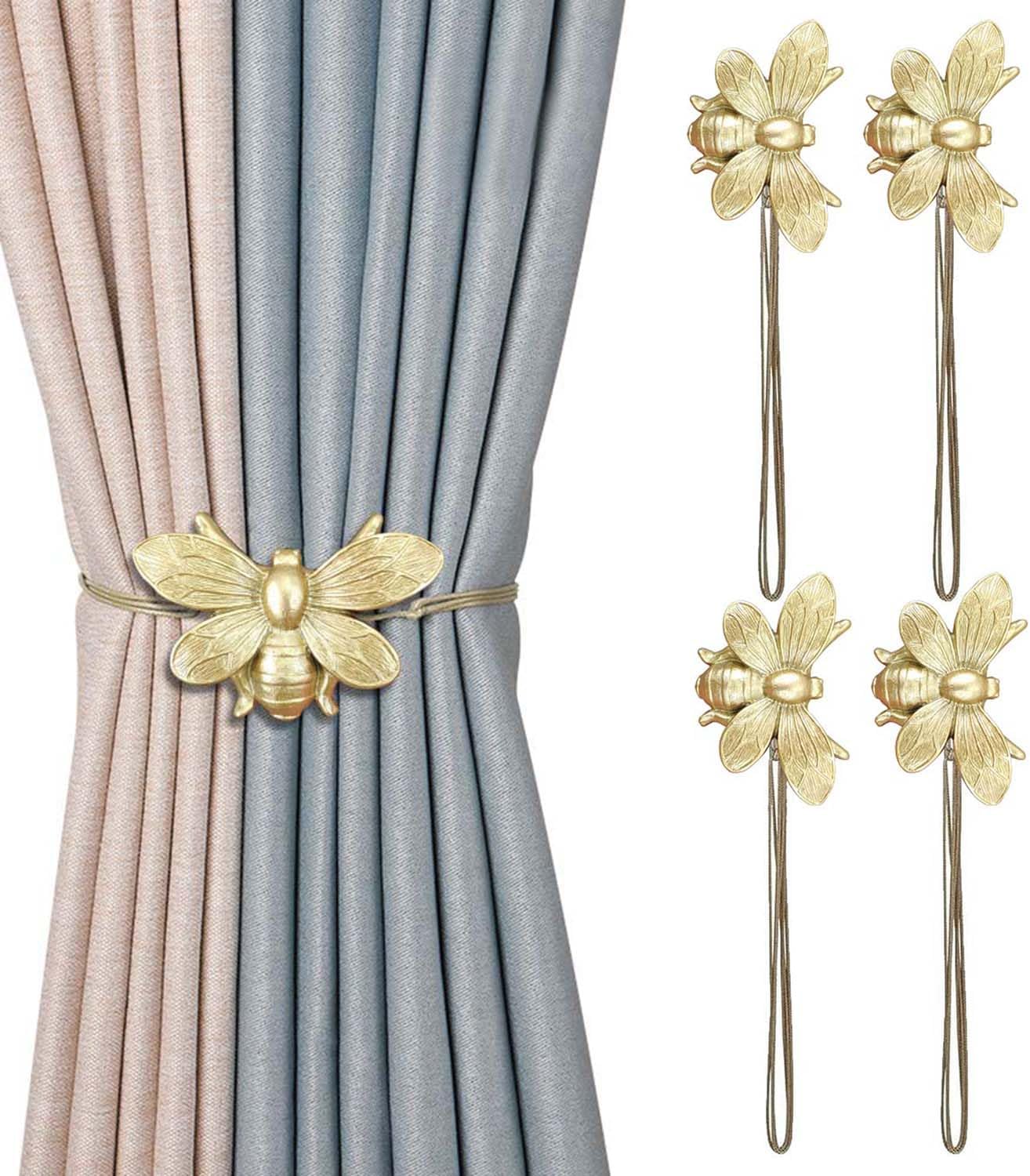 Set of 2 Resin Magnetic Curtain Tiebacks Golden Flying Bee Curtain Holders, Decorative Curtain Ties for Drapes