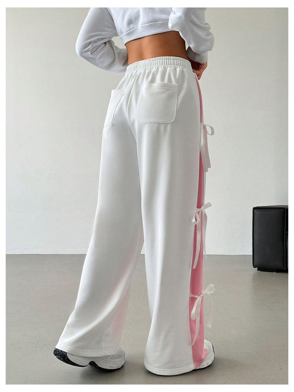 Women's Bow Wide Leg Sweatpants Elastic Waist Casual Baggy Pants with Pocket
