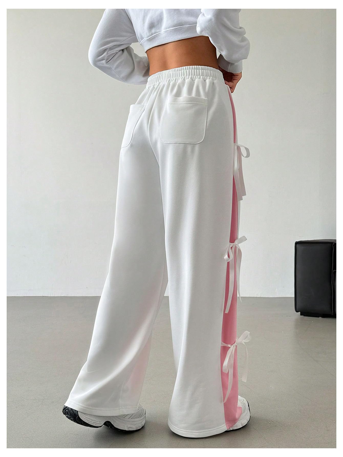 Women's Bow Wide Leg Sweatpants Elastic Waist Casual Baggy Pants with Pocket